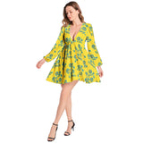 Floral Sunrise Lantern Sleeve Deep V-Neck Short Dress - Objet D'Art