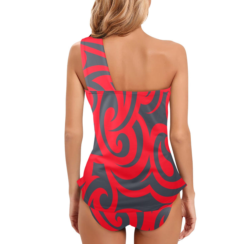 trible scroll print 2 Women's One Shoulder Backless Swimsuit (Model S44) - Objet D'Art