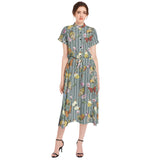 Butterflies on Stripes Drawstring Waist A-line Flared Midi Dress - Objet D'Art