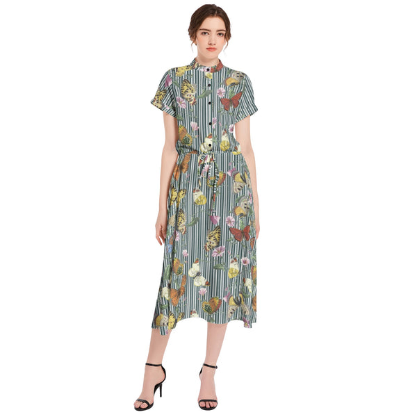 Butterflies on Stripes Drawstring Waist A-line Flared Midi Dress - Objet D'Art