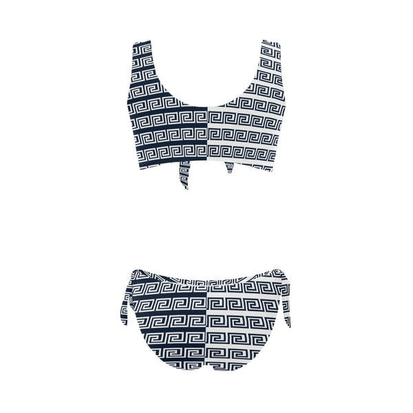 white on blue greek key print Bow Tie Front Bikini Swimsuit (Model S38) - Objet D'Art
