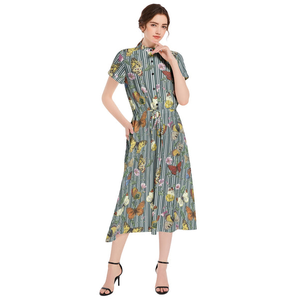 Butterflies on Stripes Drawstring Waist A-line Flared Midi Dress - Objet D'Art