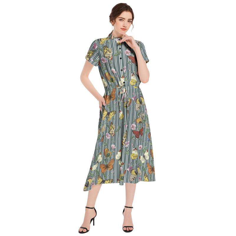 Butterflies on Stripes Drawstring Waist A-line Flared Midi Dress - Objet D'Art