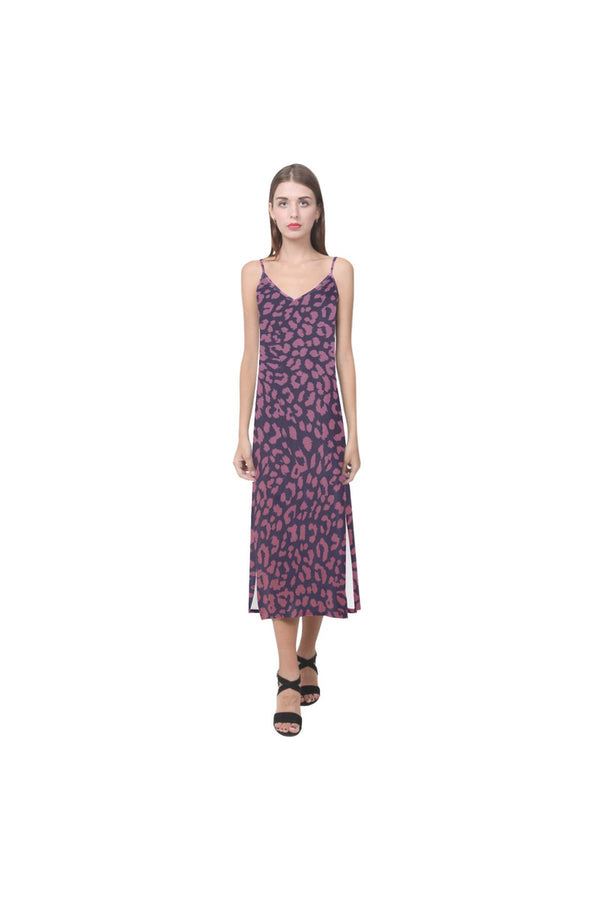 Berry Leopard V-Neck Open Fork Long Dress - Objet D'Art Online Retail Store