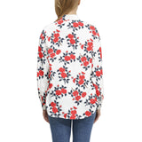 Crimson Floral Long Sleeve Button Up Casual Shirt Top - Objet D'Art