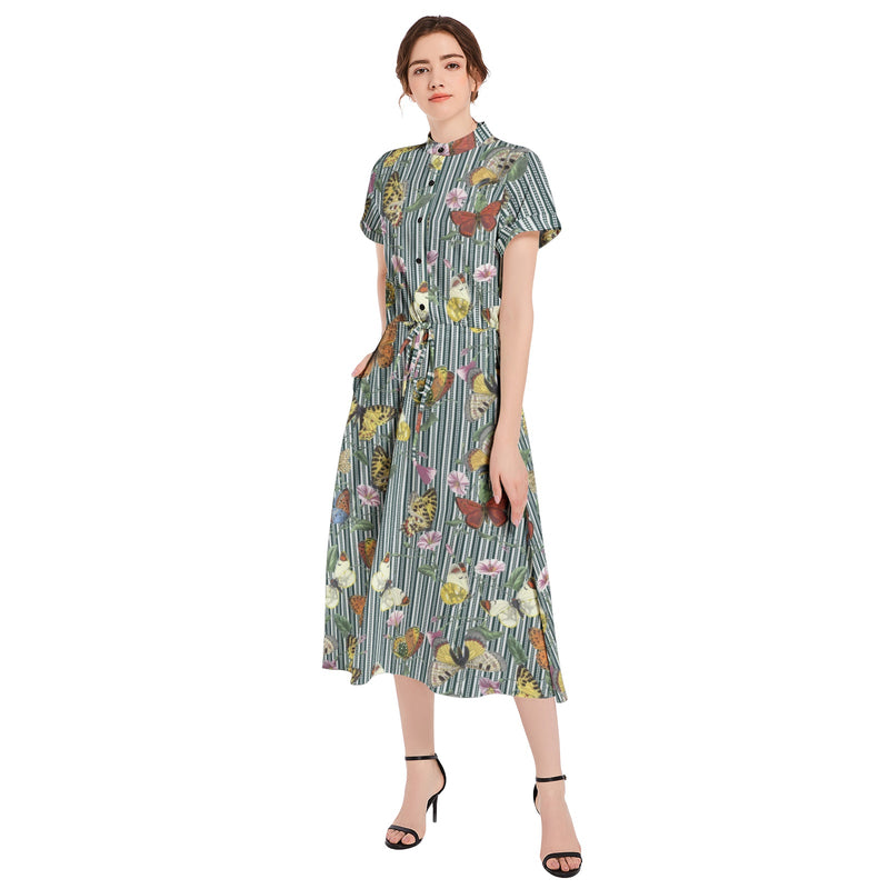 Butterflies on Stripes Drawstring Waist A-line Flared Midi Dress - Objet D'Art