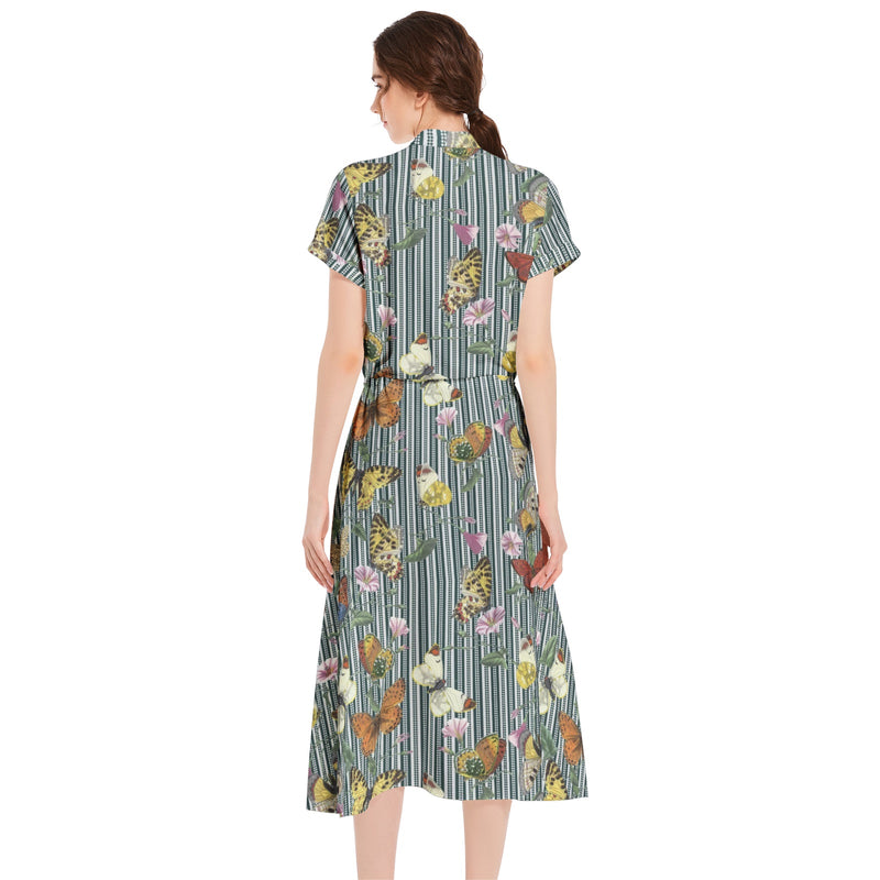 Butterflies on Stripes Drawstring Waist A-line Flared Midi Dress - Objet D'Art