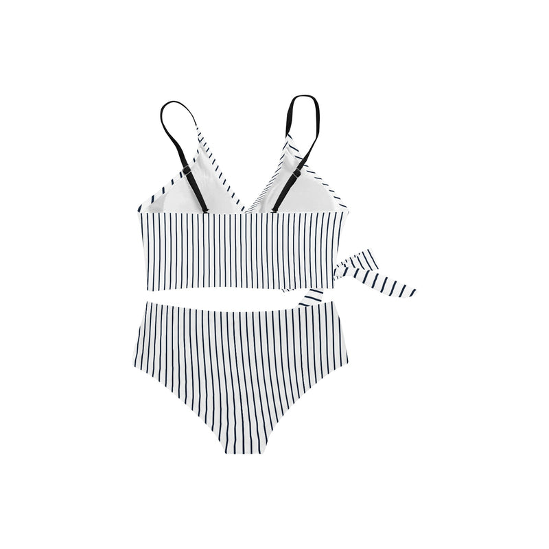 white dark blue striped print 2 Knot Side Bikini Swimsuit (Model S37) - Objet D'Art