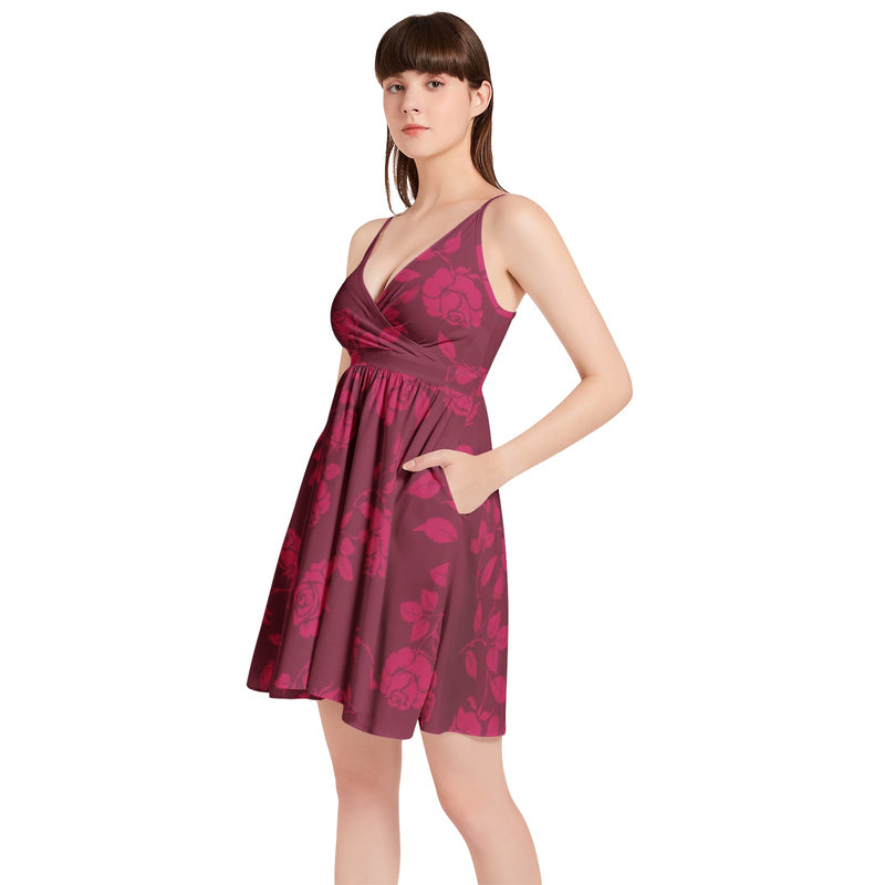 Burgundy Roses Spaghetti Strap Sleeveless Flared Hem Short Dress - Objet D'Art