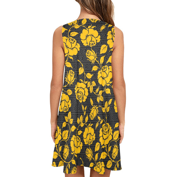 gold floral greek key print 7A Sleeveless A-Line Pocket Dress (Model D57) - Objet D'Art