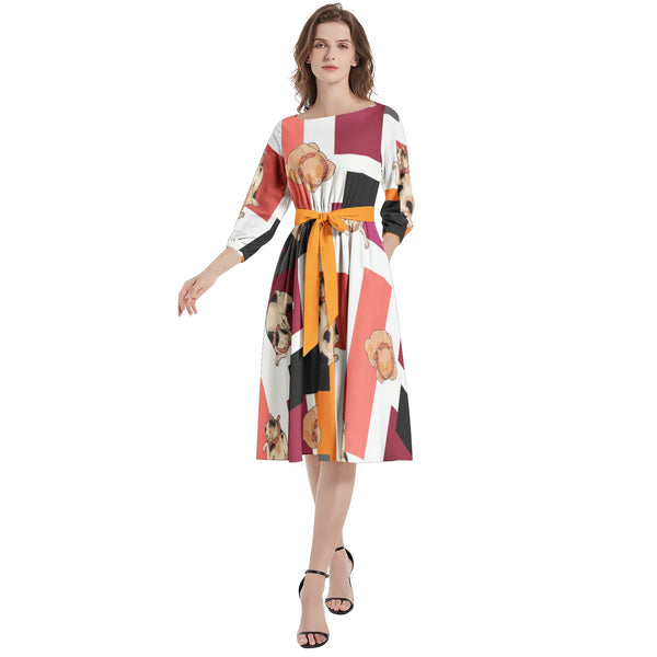 Boat Neck Belted Flared Dress - Objet D'Art