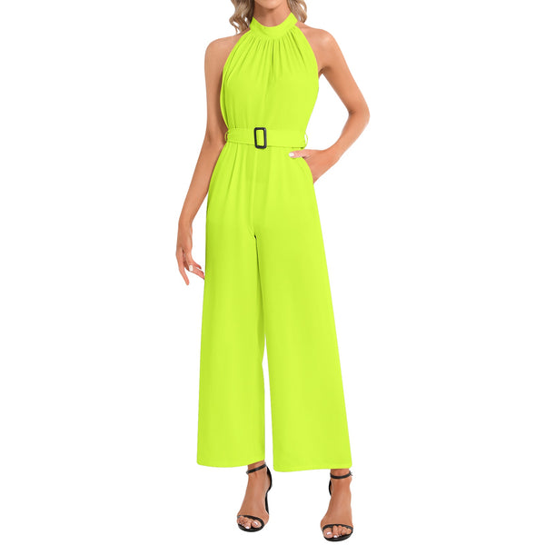 Neon Green Halter Neck Buckle Belted Jumpsuit - Objet D'Art