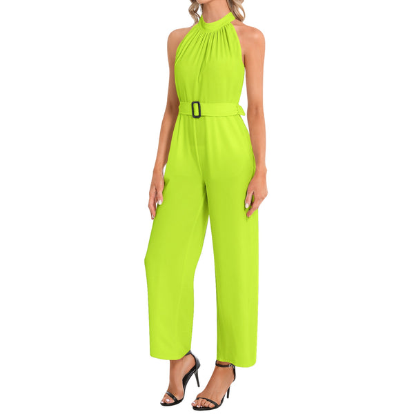 Neon Green Halter Neck Buckle Belted Jumpsuit - Objet D'Art