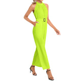 Neon Green Halter Neck Buckle Belted Jumpsuit - Objet D'Art