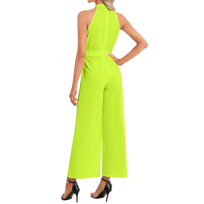 Neon Green Halter Neck Buckle Belted Jumpsuit - Objet D'Art