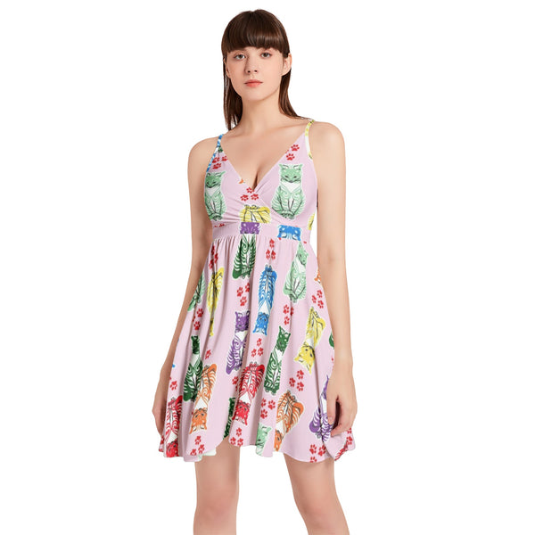 Kitty Paw Spaghetti Strap Sleeveless Falred Hem Short Dress - Objet D'Art