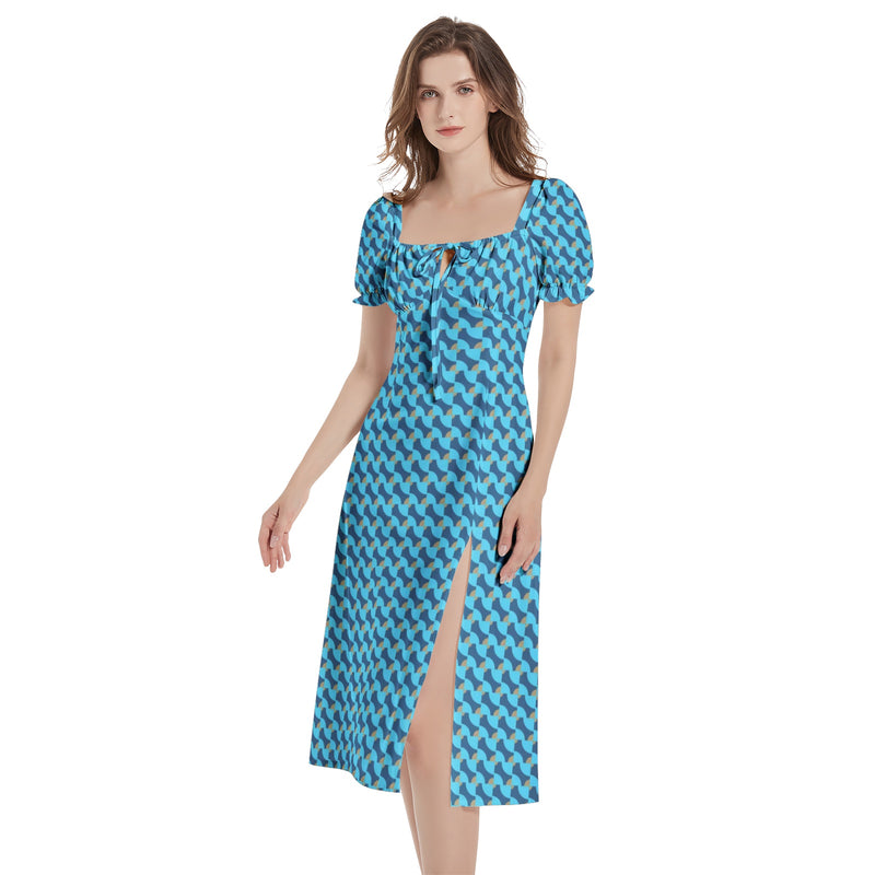 Tessellation Puff Sleeve Split Thigh Midi Dress - Objet D'Art