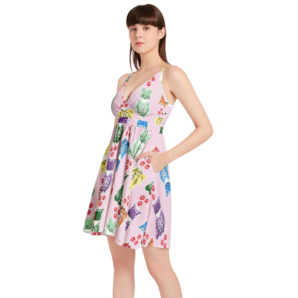 Kitty Paw Spaghetti Strap Sleeveless Falred Hem Short Dress - Objet D'Art