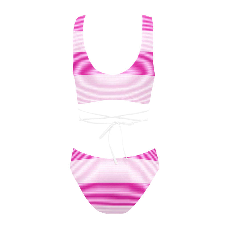 fuchsia microstripe pink print Cross String Bikini Set (Model S29) - Objet D'Art