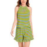 Tie Neck Halter Top and Ruffle Hem Short Set - Objet D'Art