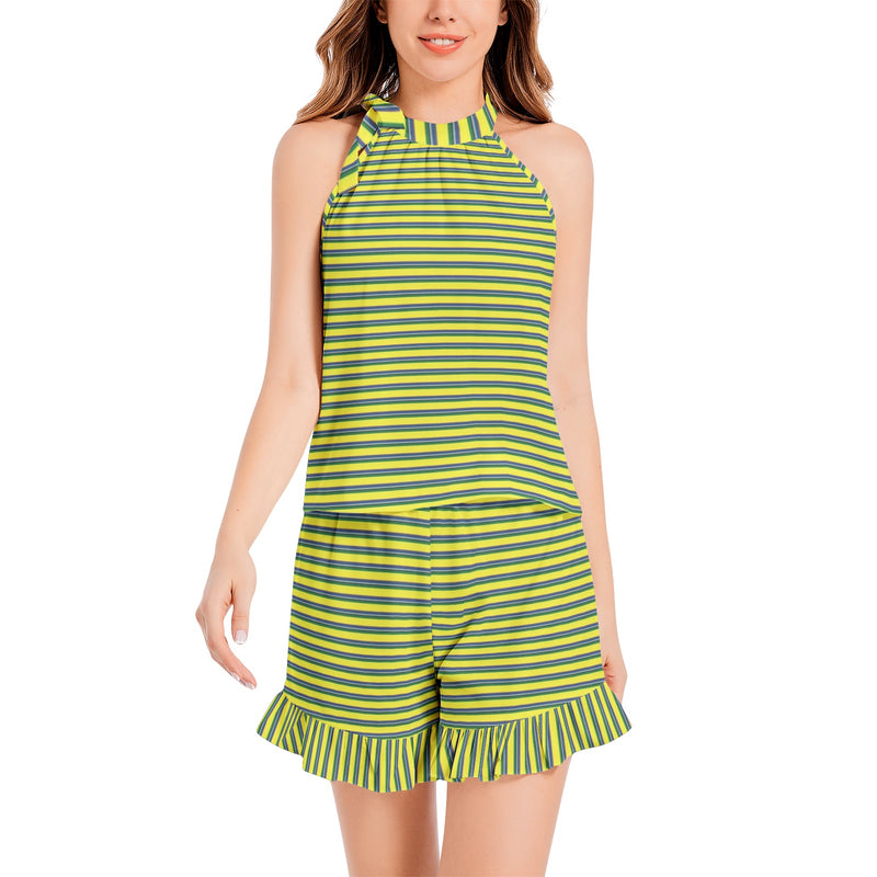 Tie Neck Halter Top and Ruffle Hem Short Set - Objet D'Art