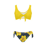 yellow flora print copy Bow Tie Front Bikini Swimsuit (Model S38) - Objet D'Art