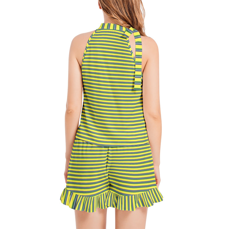 Tie Neck Halter Top and Ruffle Hem Short Set - Objet D'Art