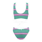 mint green micro striped print 67A Cross String Bikini Set (Model S29) - Objet D'Art