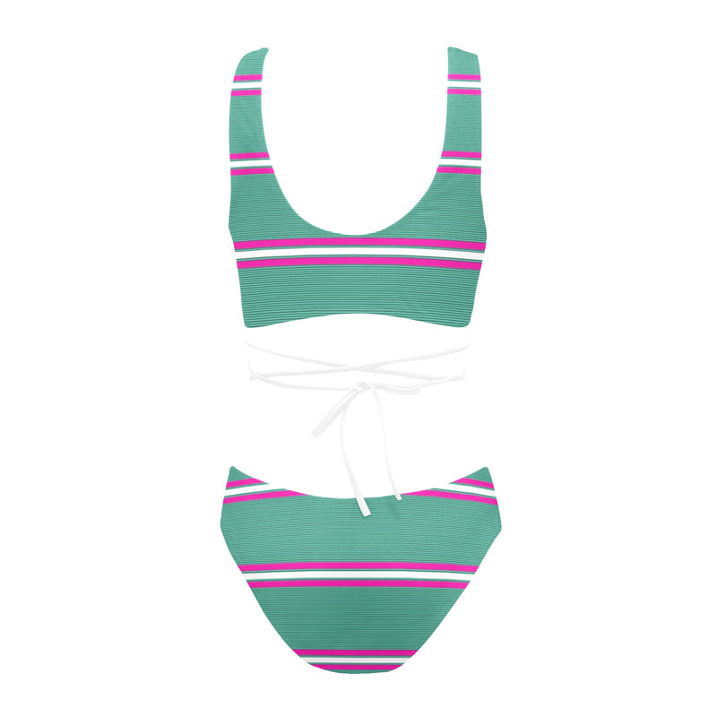 mint green micro striped print 67A Cross String Bikini Set (Model S29) - Objet D'Art