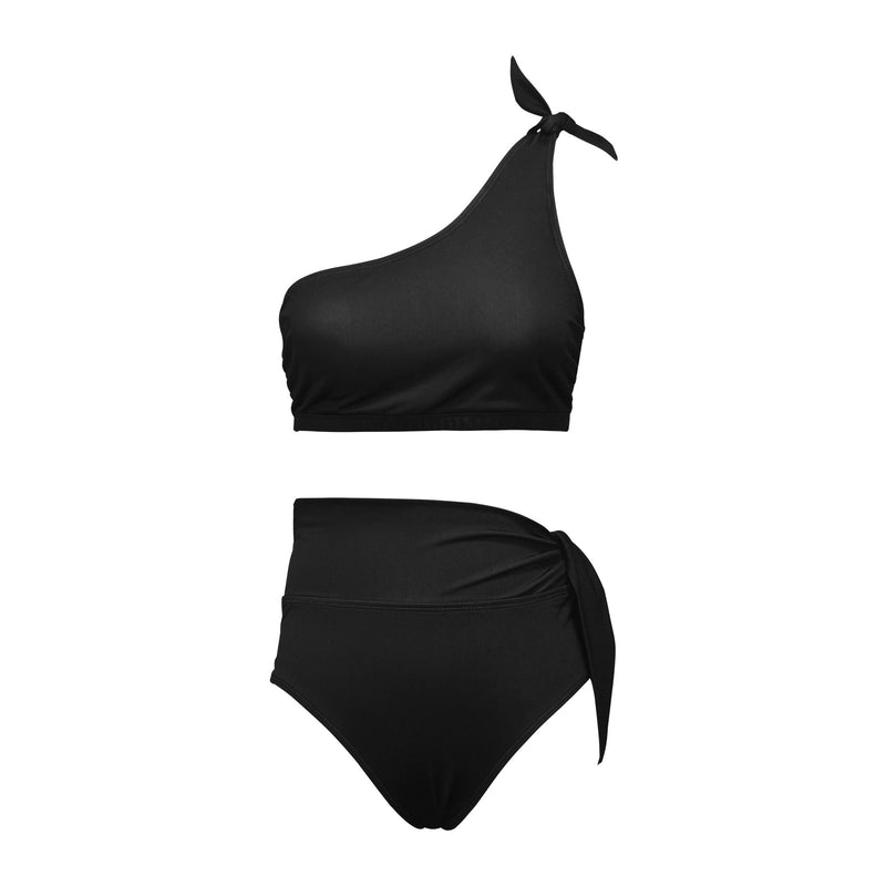 black solid print skirt High Waisted One Shoulder Bikini Set (Model S16) - Objet D'Art