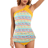 saffron print solid 2 Women's One Shoulder Backless Swimsuit (Model S44) - Objet D'Art
