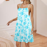 light blue greek key and medium blue roses print 2 Drawstring Neck Sleeveless Dress (Model D68) - Objet D'Art