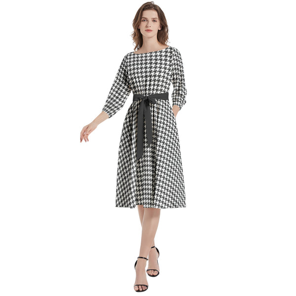Boat Neck Belted Flared Dress - Objet D'Art