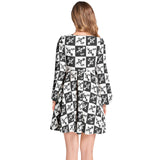 Floral Checkered Print Lantern Sleeve Deep V-Neck Short Dress - Objet D'Art