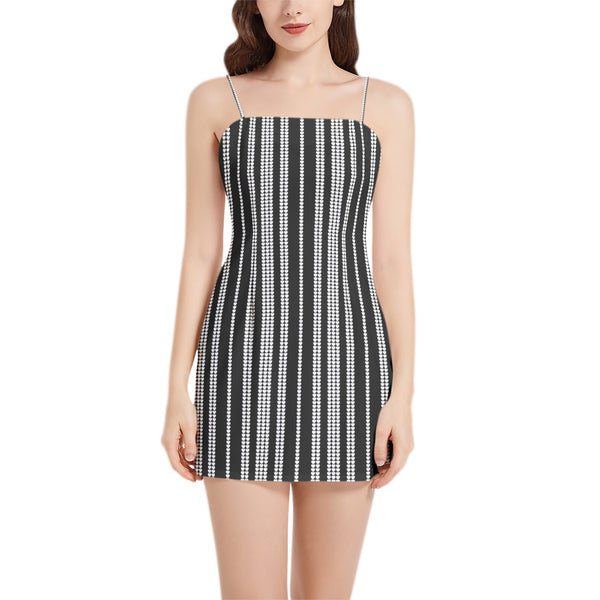 Black and White Heart Striped Sleeveless Square Neckline Spaghetti Strap Mini Dress - Objet D'Art