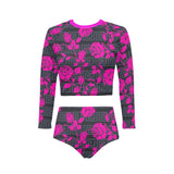 fuchsia rose on gray greek key print Long Sleeve Bikini Set (Model S27) - Objet D'Art