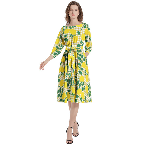 Boat Neck Belted Flared Dress - Objet D'Art