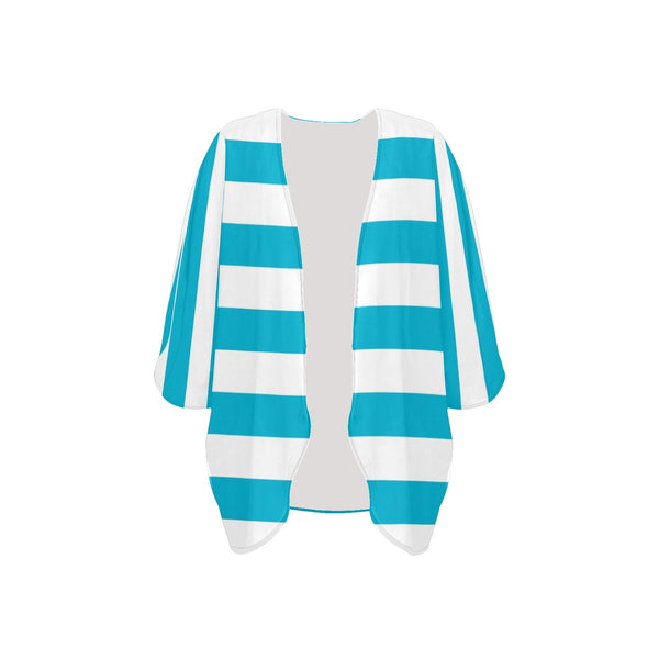blue white striped 1A Women's Kimono Chiffon Cover Up (Model H51) - Objet D'Art