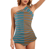 blue gray greek key print Women's One Shoulder Backless Swimsuit (Model S44) - Objet D'Art