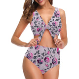 ROSE MULTICOLORED GRAY PINK PRINT 5 Chest Bowknot Bikini Swimsuit (Model S33) - Objet D'Art