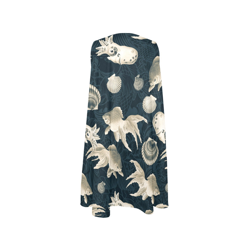 aqua world print 10 Sleeveless A-Line Pocket Dress (Model D57) - Objet D'Art