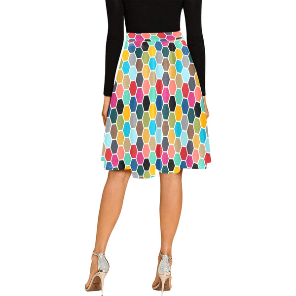 colorful hex swimwear print Melete Pleated Midi Skirt (Model D15) - Objet D'Art