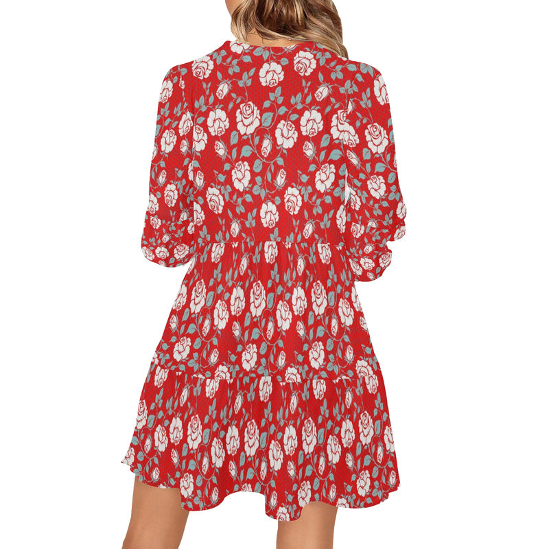 white rose red hex background print 2 V-Neck Loose Fit Dress (Model D62) - Objet D'Art