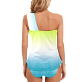 neon green greek key ombre print 8A Women's One Shoulder Backless Swimsuit (Model S44) - Objet D'Art