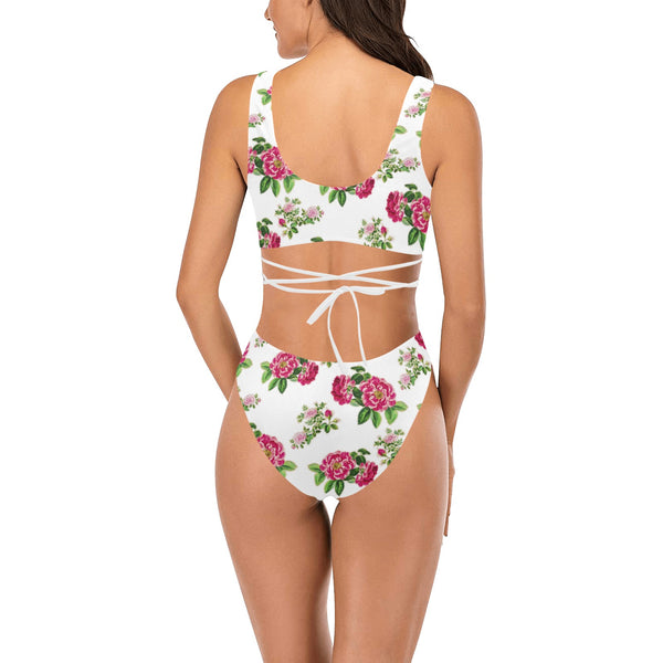 pink on white rose print Cross String Bikini Set (Model S29) - Objet D'Art