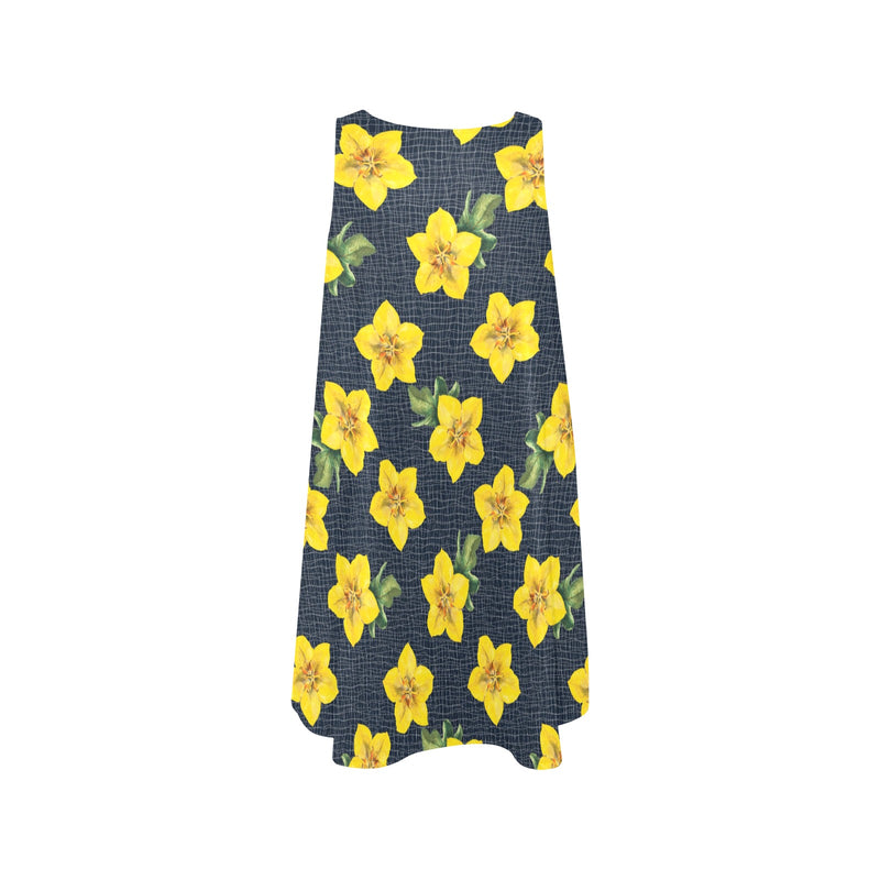 yellow floral pattern print Sleeveless A-Line Pocket Dress (Model D57) - Objet D'Art