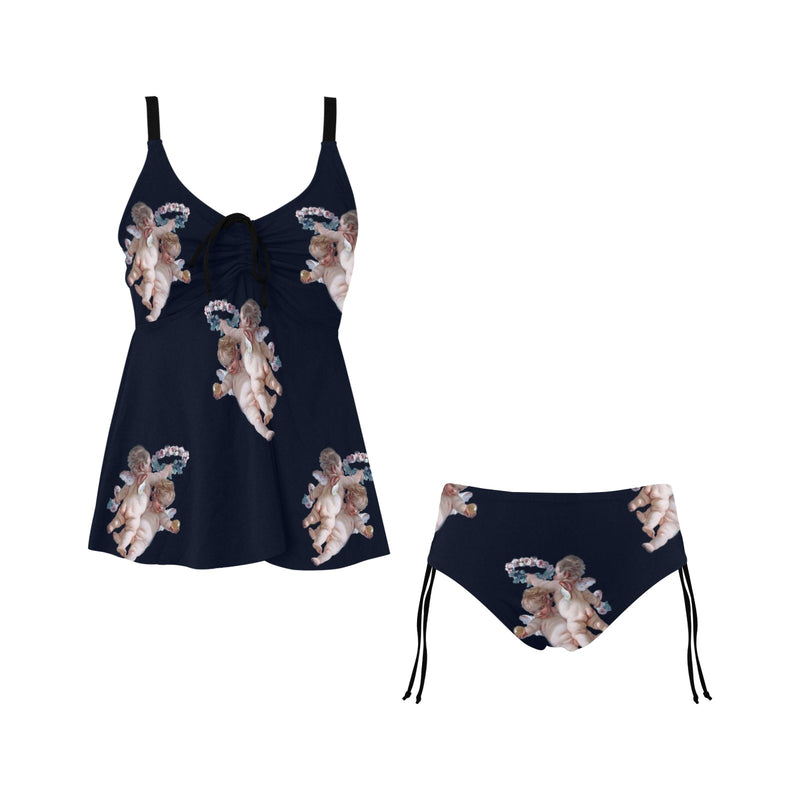 navy blue 2 print 4 Chest Drawstring Swim Dress (Model S30) - Objet D'Art