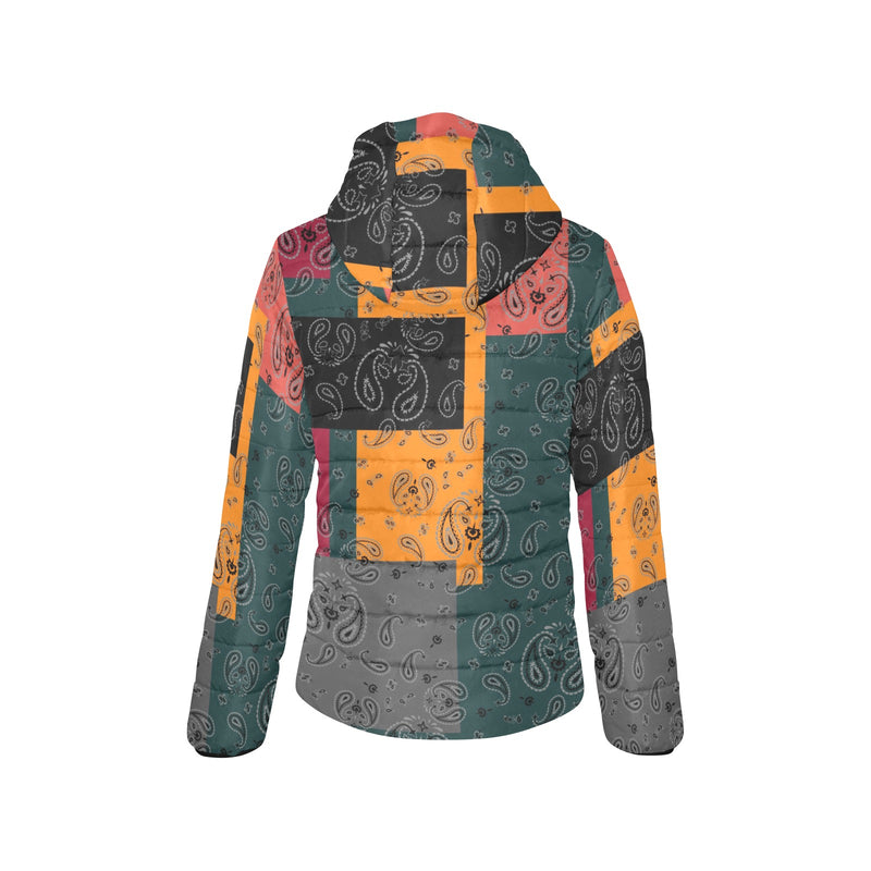 bandana print calico yoga_leggings_template-Recovered-Recovered copy Women's Padded Hooded Jacket (Model H46) - Objet D'Art