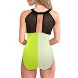 neon green hex print 5 Women's High Neck Plunge Mesh Ruched Swimsuit (S43) - Objet D'Art