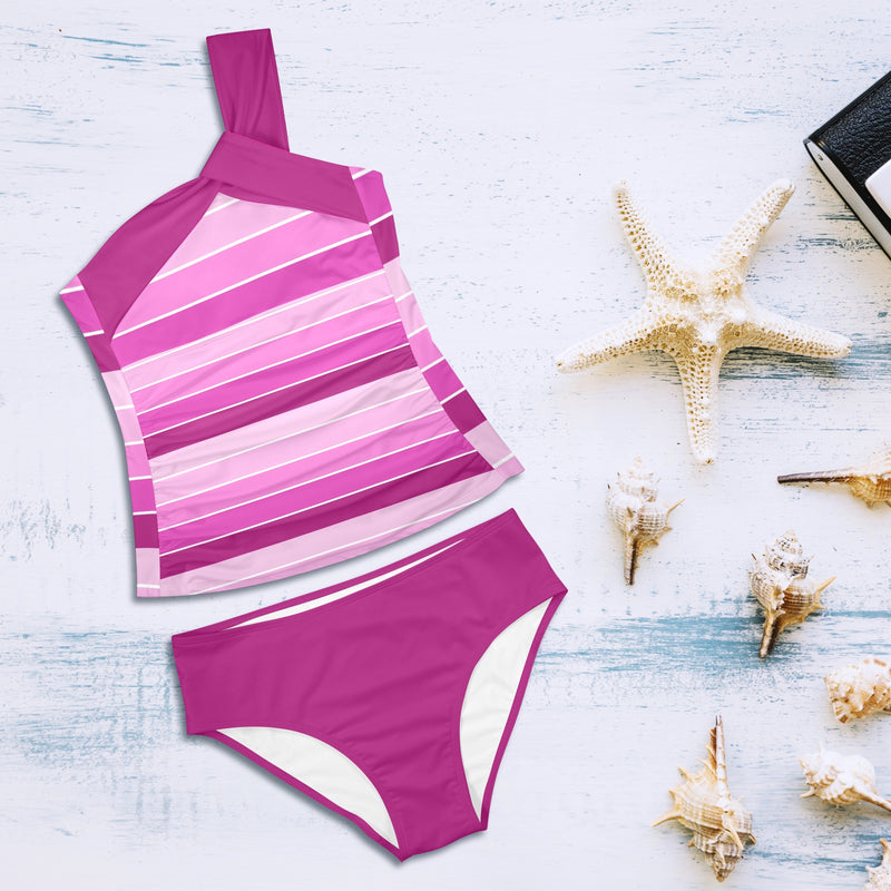 fuchsia bands print Women's One Shoulder Backless Swimsuit (Model S44) - Objet D'Art